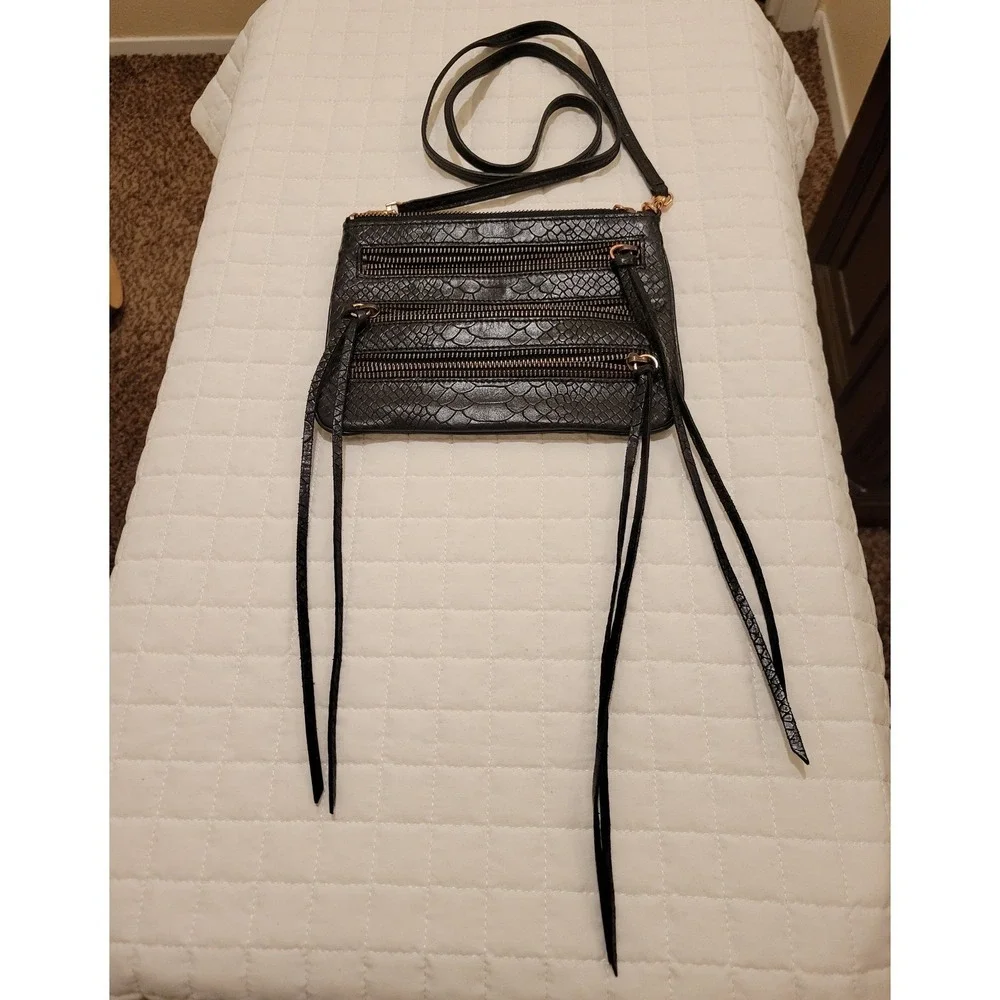 Rebecca Minkoff 3-Zipper Black Snake Embossed Crossbody Leather Bag Moto Goth